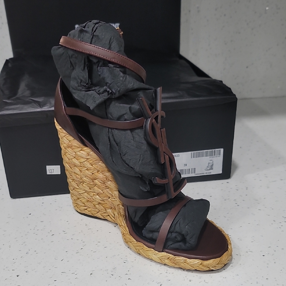 Yves Saint Laurent Cassandra 100mm Brown and Tan Espadrille Wedges